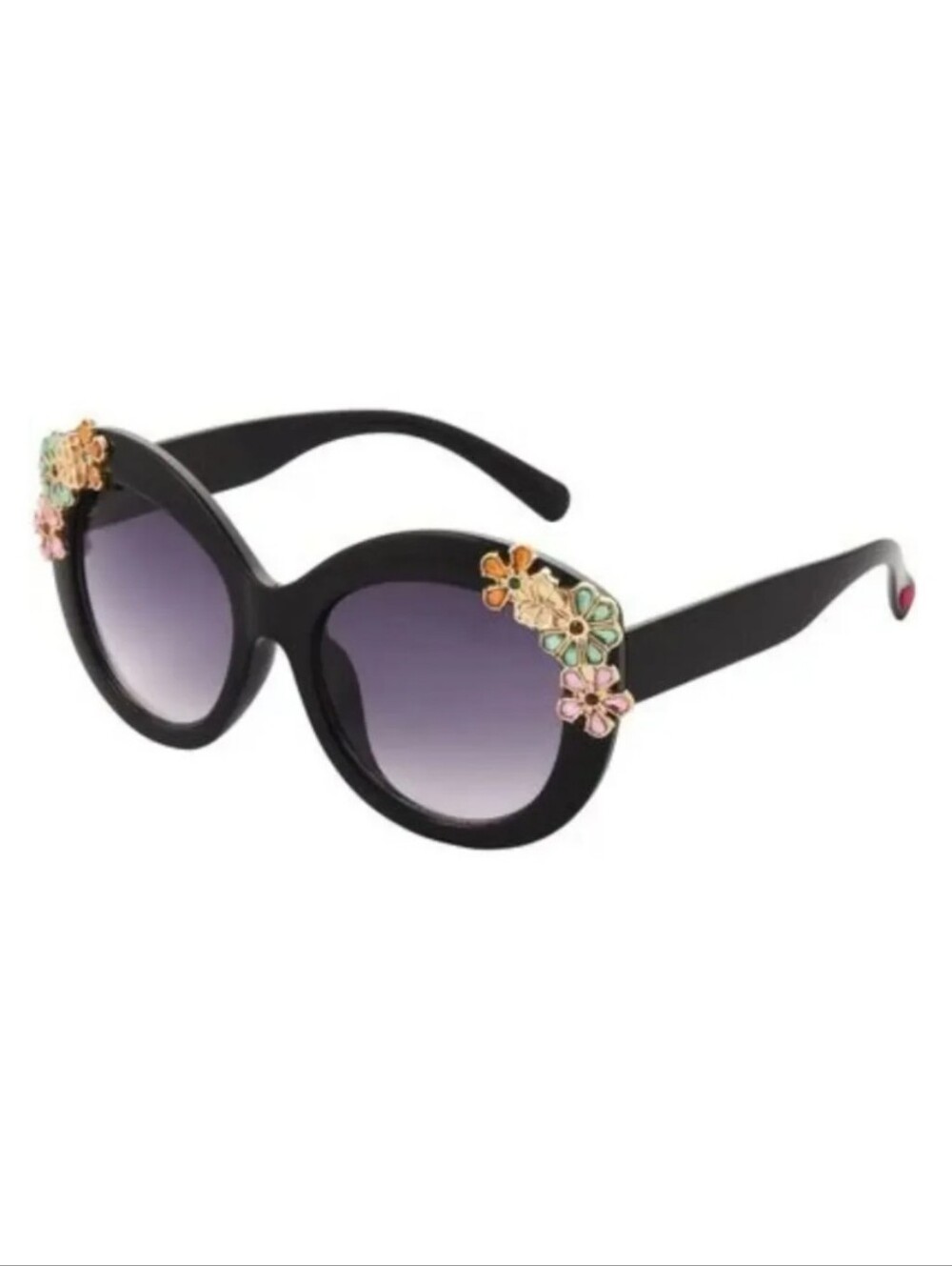 Betsey Johnson Black Round Sunglasses with Pastel Floral Embellishments